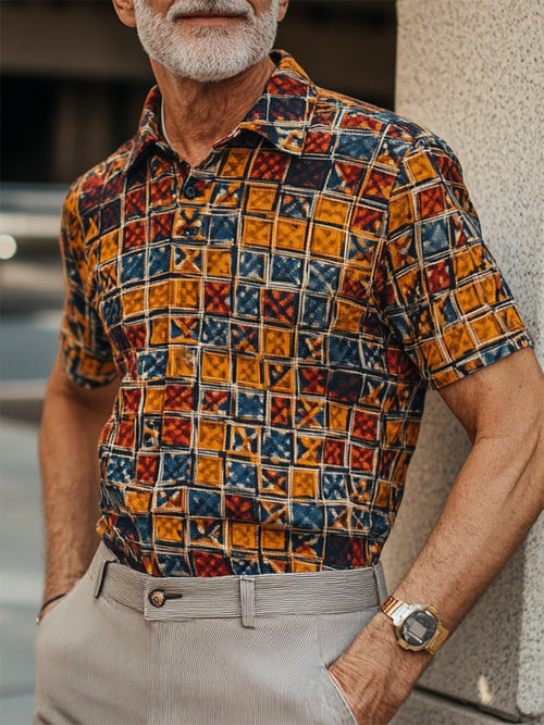 Men's Casual Business Geometric Print Button-Down Short Sleeve Polo Shirt