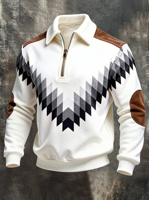 Men's Retro Color Block Print Color-Blocked Zip-Up Sweatshirt