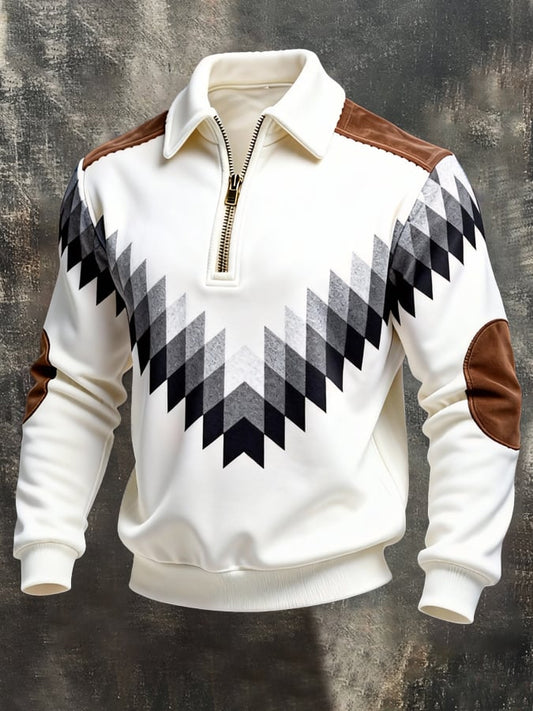 Men's Retro Color Block Print Color-Blocked Zip-Up Sweatshirt