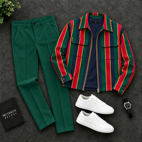 Men's Striped Print Zipper Cardigan and Pants Two-Piece Set