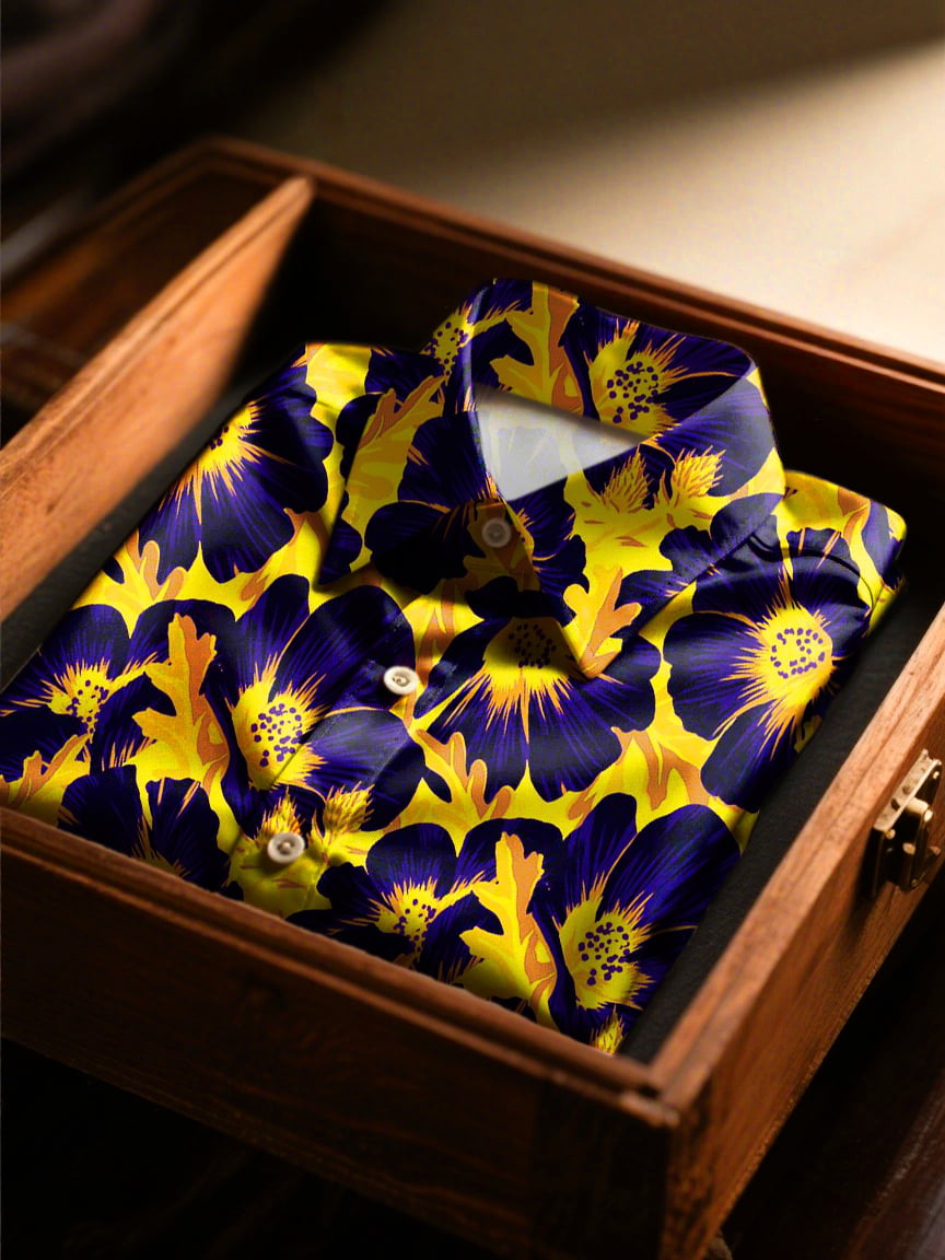 Men's Satin Floral Luxury Long Sleeve Button-Down Shirt