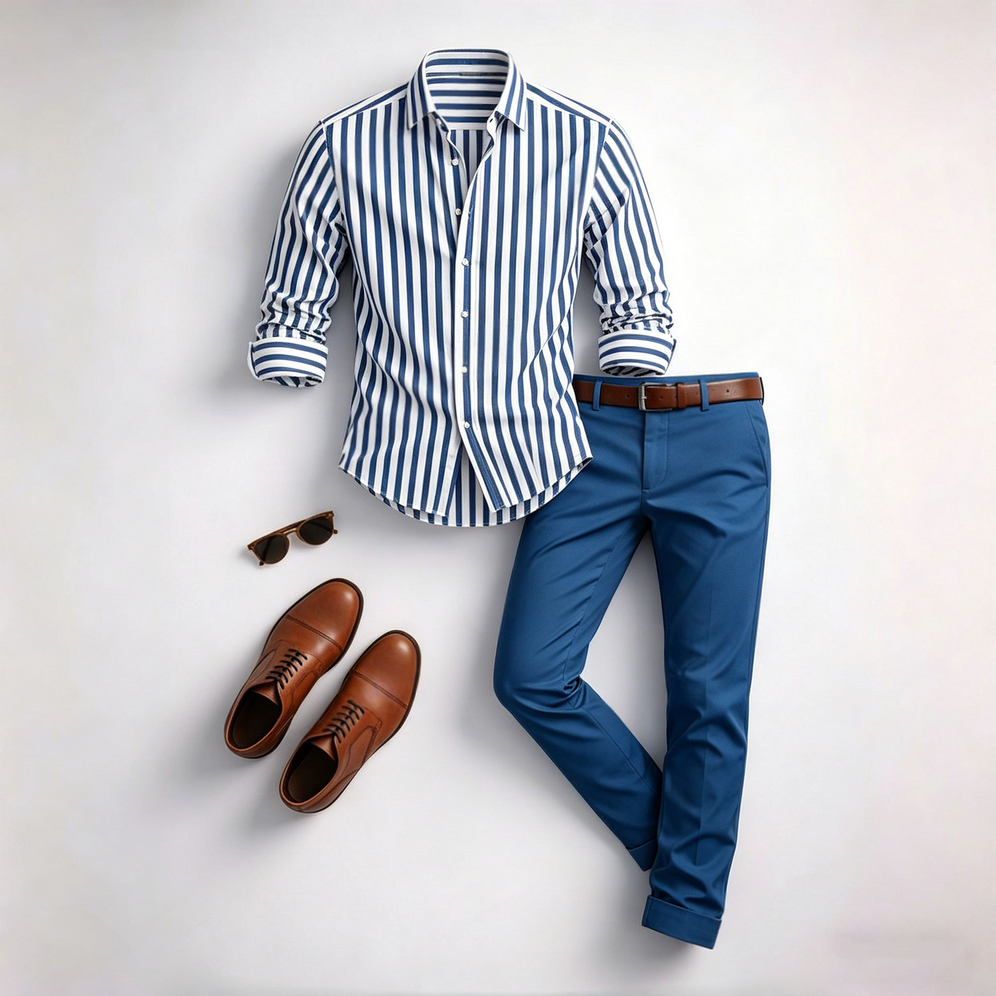 Men's Casual Blue & White Stripes Color Matching Geometric Printed Long Sleeved Shirt & Trousers Two-Piece Set