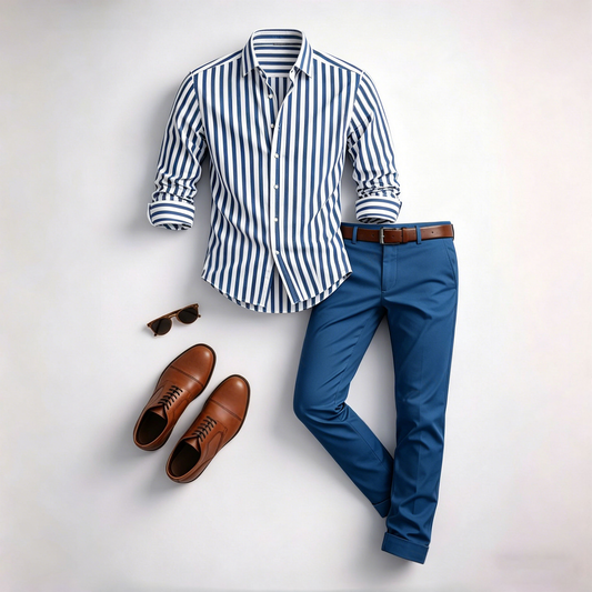 Men's Casual Blue & White Stripes Color Matching Geometric Printed Long Sleeved Shirt & Trousers Two-Piece Set