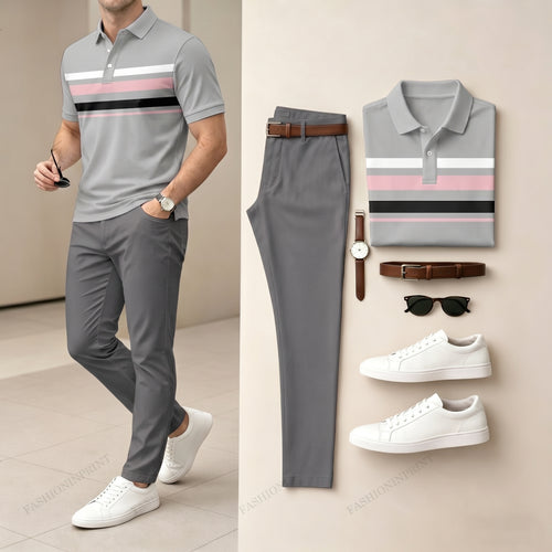 Men's Gray & Pink And Black Color Matching Striped Printed Short Sleeved Polo Shirt & Pants Two-Piece Set