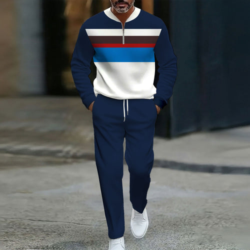 Men's Casual Multicolored Striped Printed Round-Neck Zipper Long Sleeved Navy Blue Trousers Two-Piece Set