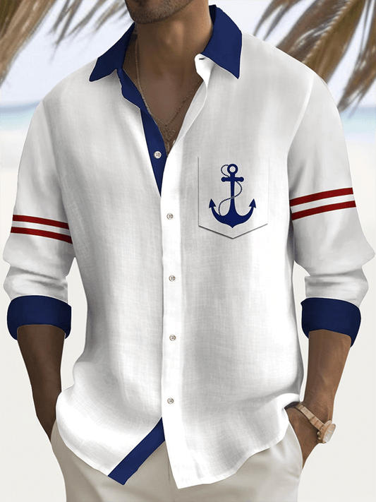 Men's Vintage Anchor Print Vacation Shirt (With Pockets)