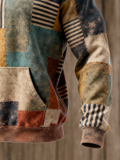 Men's Retro Distressed Color Block Print Casual Long Sleeve Sweatshirt