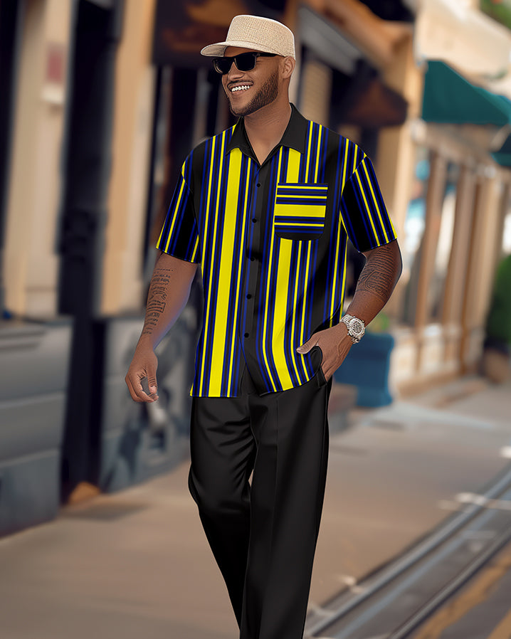 Men's retro colorblock short-sleeved shirt walking Suit 1684
