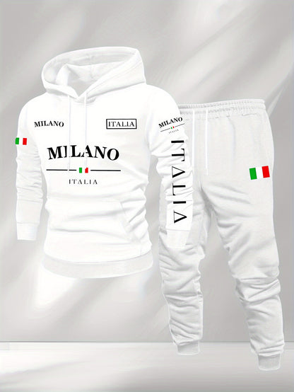 Men's Casual Color Matching Printed Hoodies Long Sleeved Sweatshirts & Sweatpants Two-Piece Set