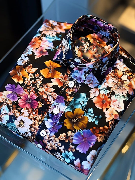 Men's Satin Luxury Hawaiian Black Floral Print Short Sleeve Button Shirt