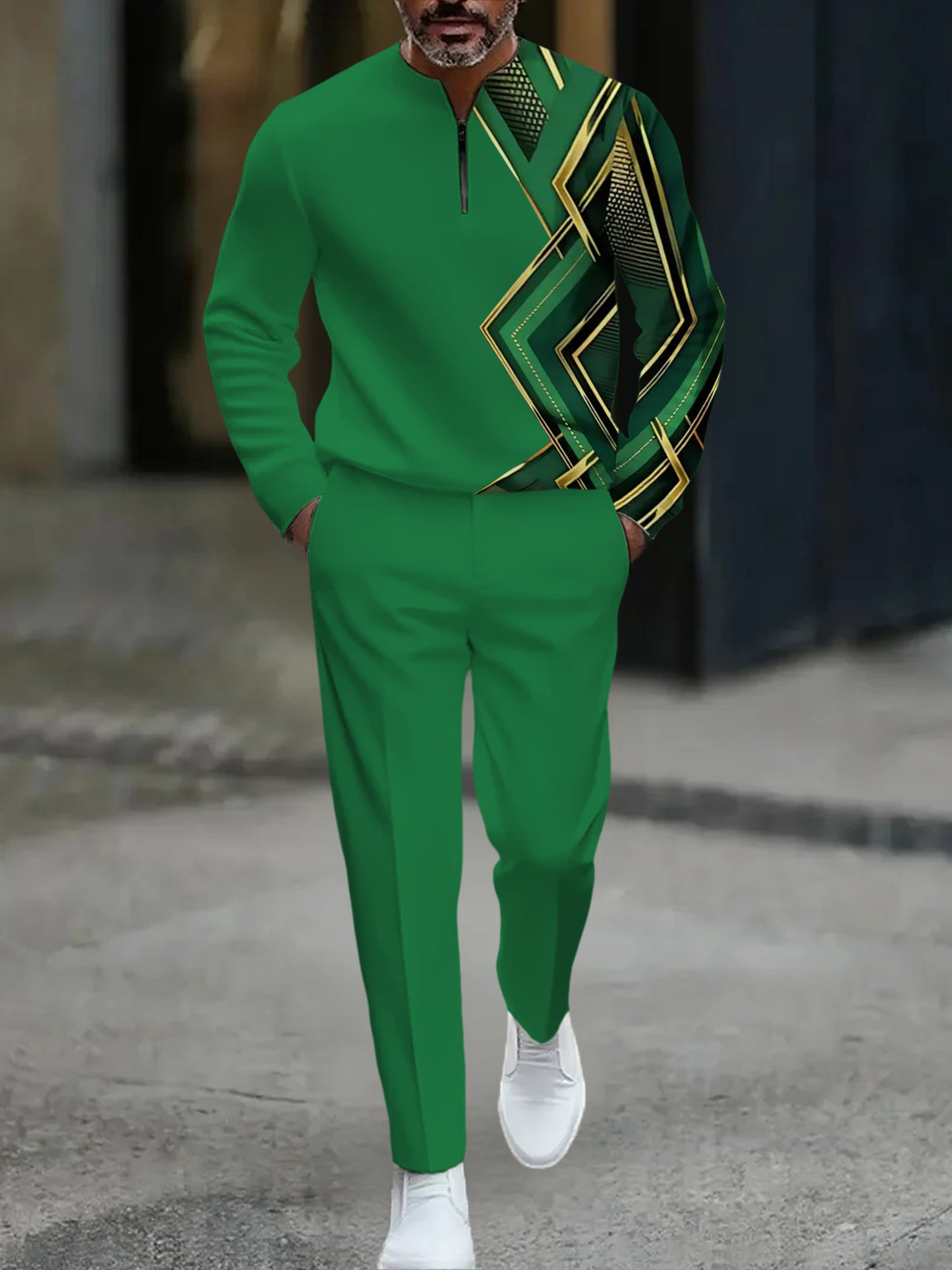 Men's Casual Green Color Matching Geometric Asymmtric Printed Round-Neck Zipper Long Sleeved Sweatshirt & Trousers Two-Piece Set