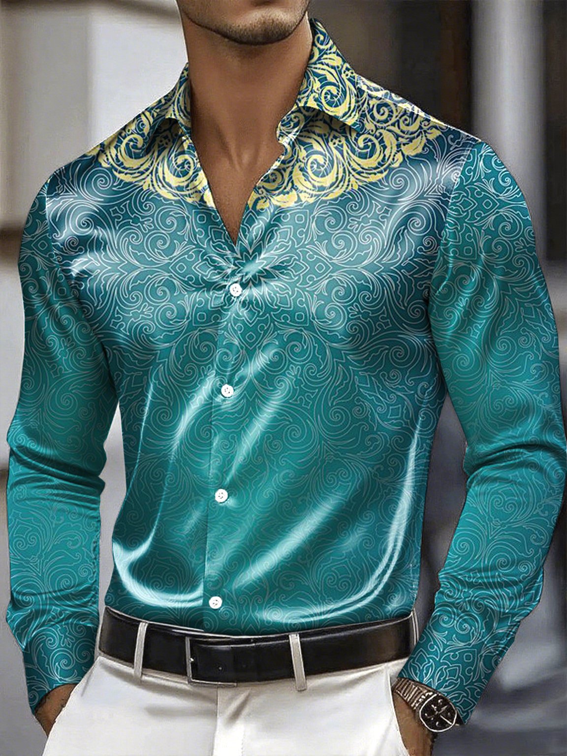 Men's Satin Luxe Long Sleeve Button Down Shirt