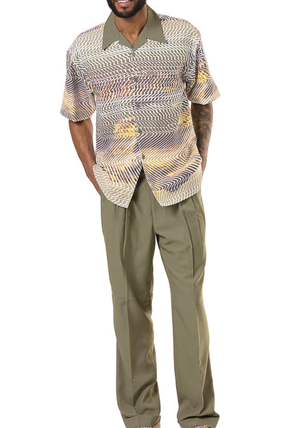 Men's Colorblock Printed  Short Sleeve Shirt Pants Walking Suit 001