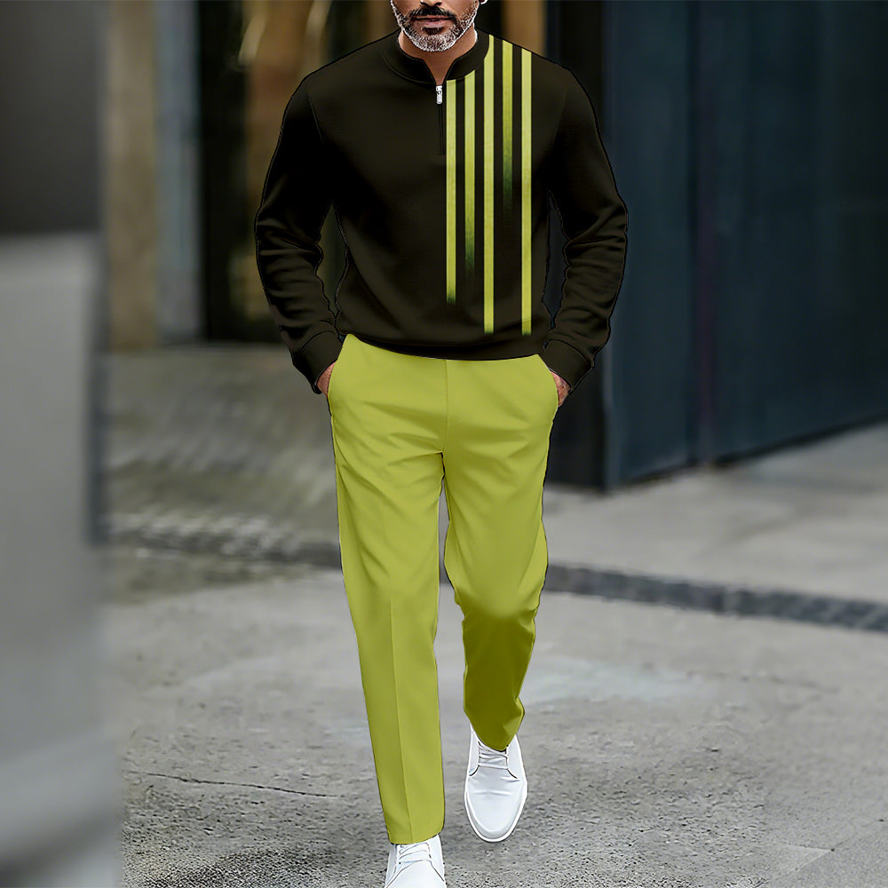 Men's Casual Color Matching Printed Round-Neck Zipper Long Sleeved Trousers Two-Piece Set