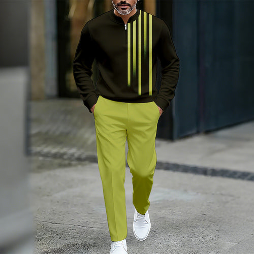 Men's Casual Color Matching Printed Round-Neck Zipper Long Sleeved Trousers Two-Piece Set