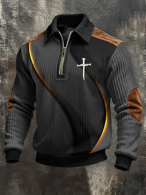 Men's vintage Faith Cross Design Print Casual Zipper Sweatshirt