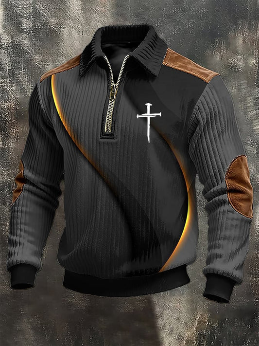 Men's vintage Faith Cross Design Print Casual Zipper Sweatshirt