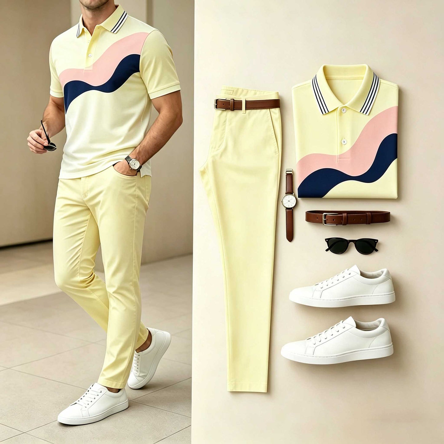 Men's Casual Yellow Wave Printed Polo Shirt & Pants Two-Piece Set