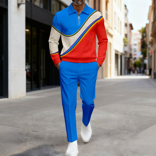 Men's Casual Red & Blue Color Matching Asymmetric Printed Polo-Collar Zipper Long Sleeved Trousers Two-Piece Set