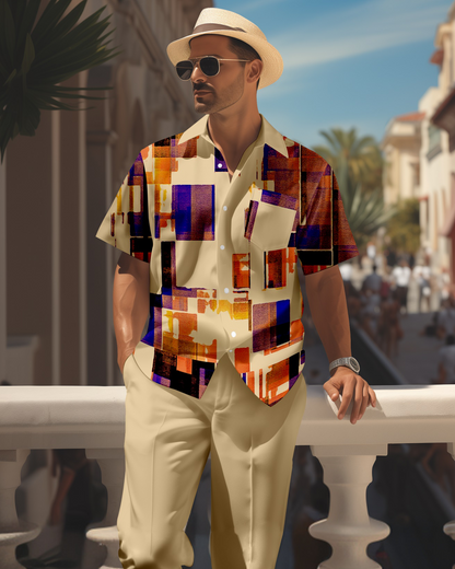 Men's retro colorblock short-sleeved shirt walking Suit 1661