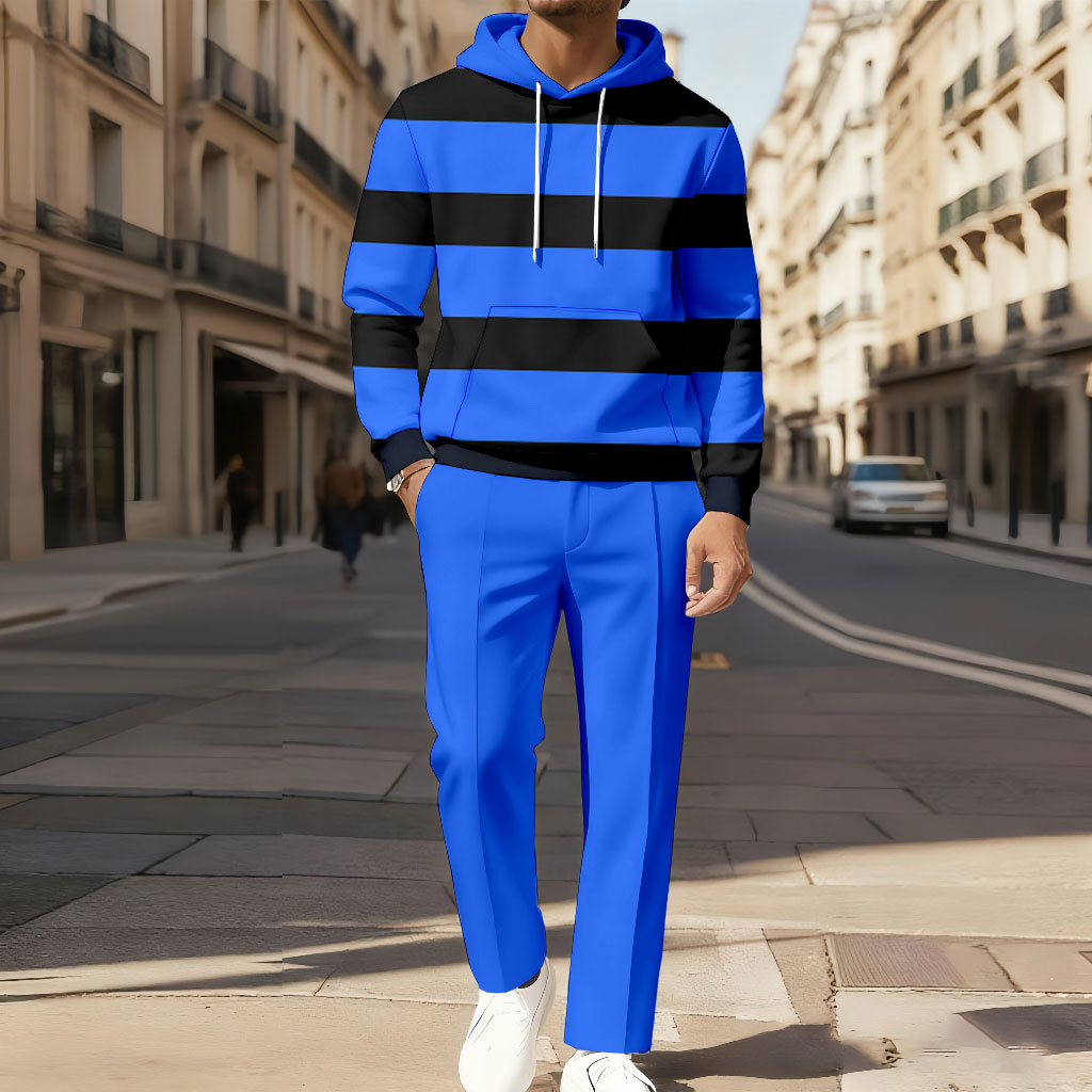 Men's Casual Color Matching Printed Long-Sleeve Hoodies Sweatshirt & Trousers Two-Piece Set
