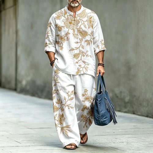 Men's Floral Stand-Collar Polo Shirt and Long Pants Two-Piece Suit Set
