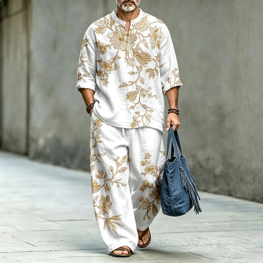 Men's Floral Stand-Collar Polo Shirt and Long Pants Two-Piece Suit Set
