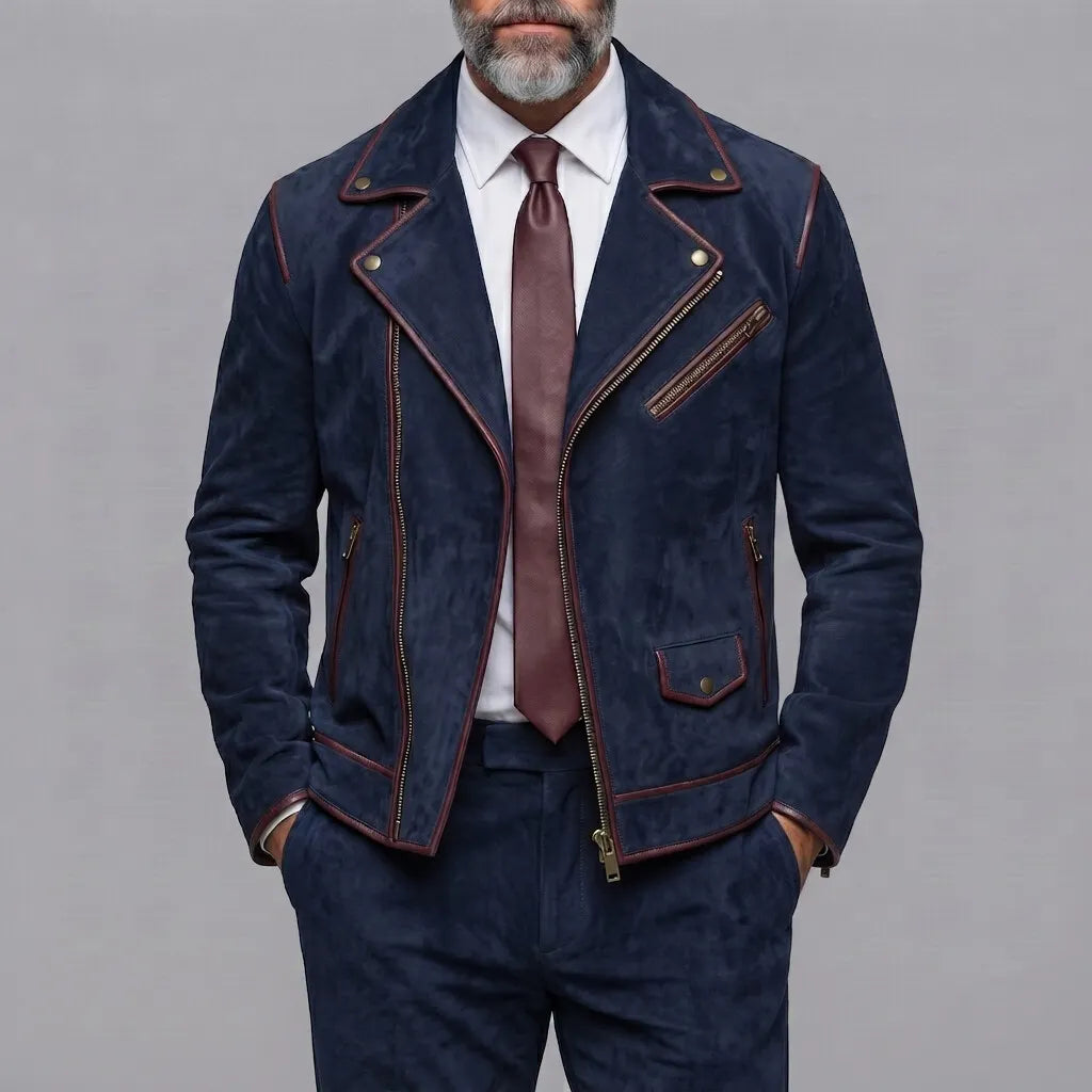 Men's Classic Navy Blue Suede Contrast Piping Asymmetrical Zipper Slim Fit Jacket