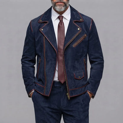 Men's Classic Navy Blue Suede Contrast Piping Asymmetrical Zipper Slim Fit Jacket