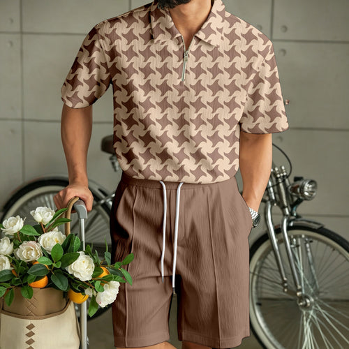Men's Casual Wavy-Patterned Zipper Polo Shirt and Shorts Two-Piece Set
