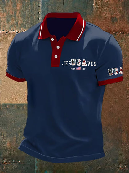 Men's Vintage USA Jesus Saves Printed POLO Shirt