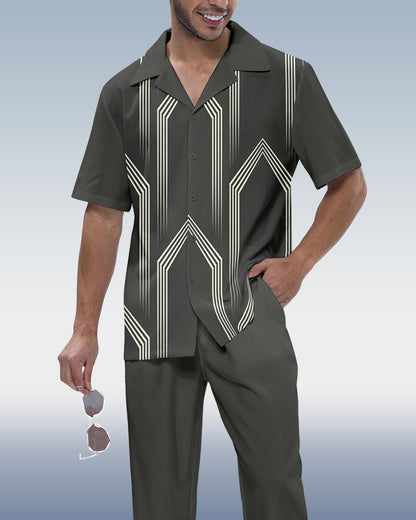 Rianmond Men's Vintage Line Print Short Sleeve Walking Suit 257