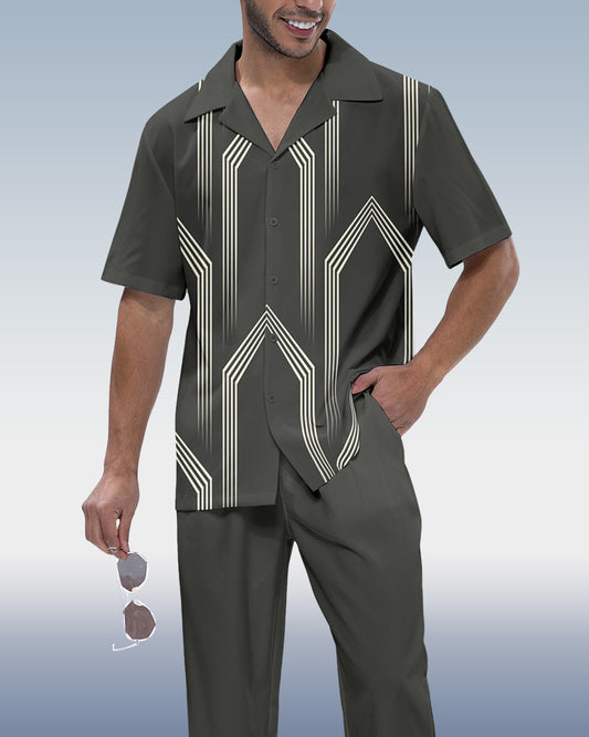 Rianmond Men's Vintage Line Print Short Sleeve Walking Suit 257