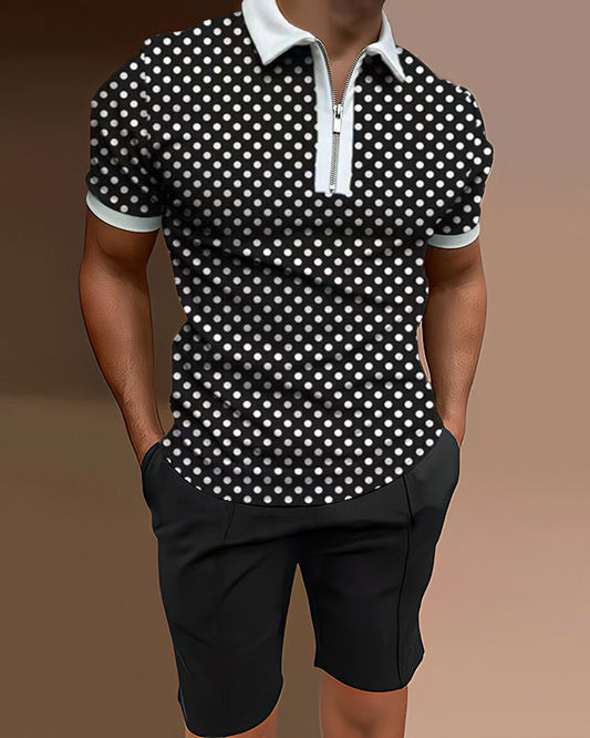 men's polo shirt casual stitching two-piece set