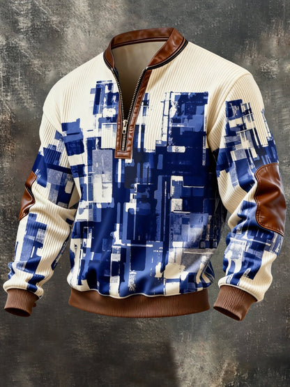 Men's Vintage Color-Block Printed Zip-Up Hoodie