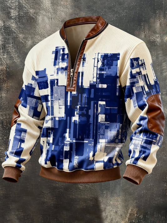 Men's Vintage Color-Block Printed Zip-Up Hoodie