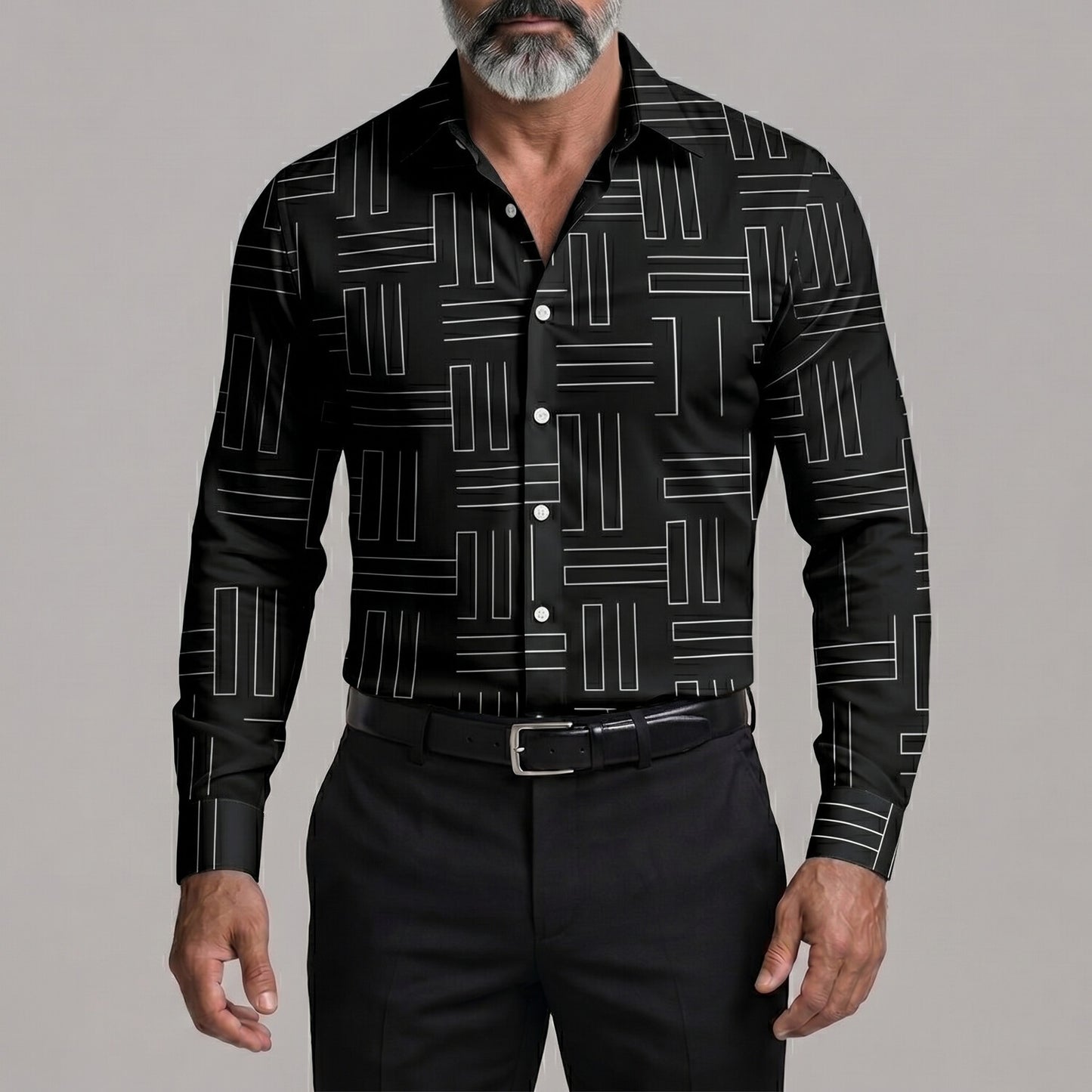 Men's Fashion Geometric Lines Print Button Up Business Casual Shirt