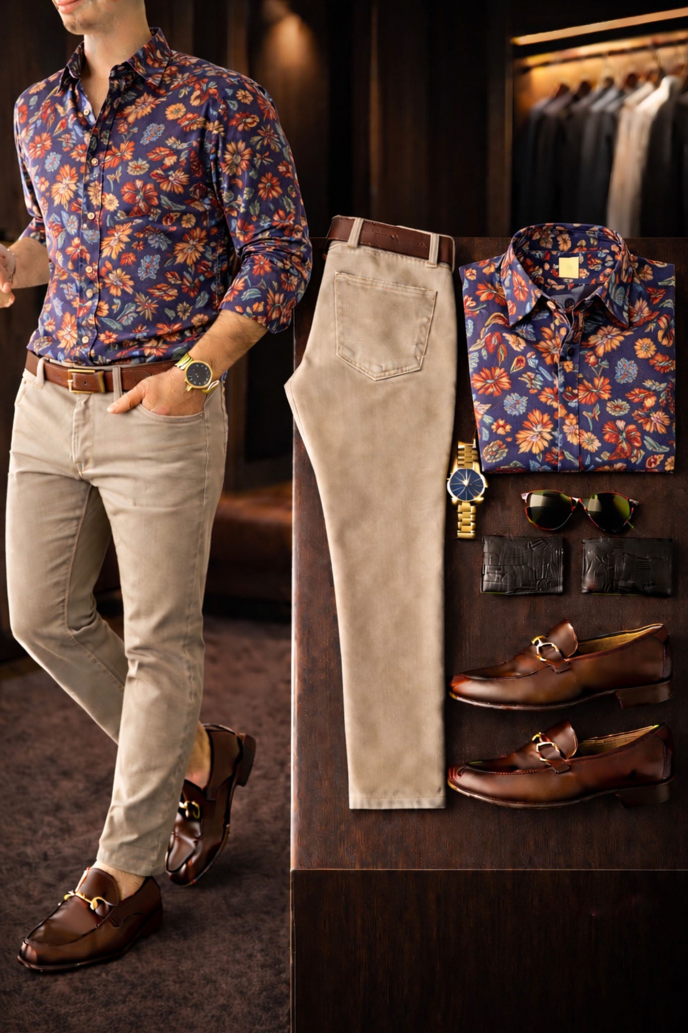 Men's Casual Purple Printed Long-Sleeved Shirt And Trousers Two-Piece Set