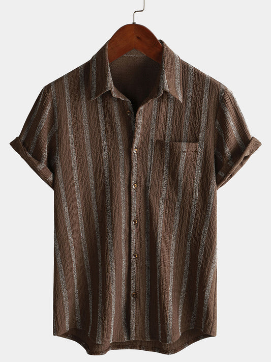 Men's Summer Striped Pocket Button Up Short Sleeve Hawaiian Shirt