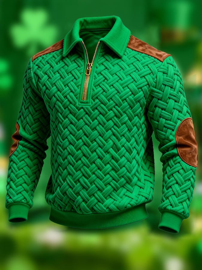 Men's Retro Jacquard Textured Patchwork Comfortable Color-Blocked Zip-Up Sweatshirt