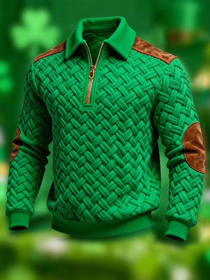 Men's Retro Jacquard Textured Patchwork Comfortable Color-Blocked Zip-Up Sweatshirt
