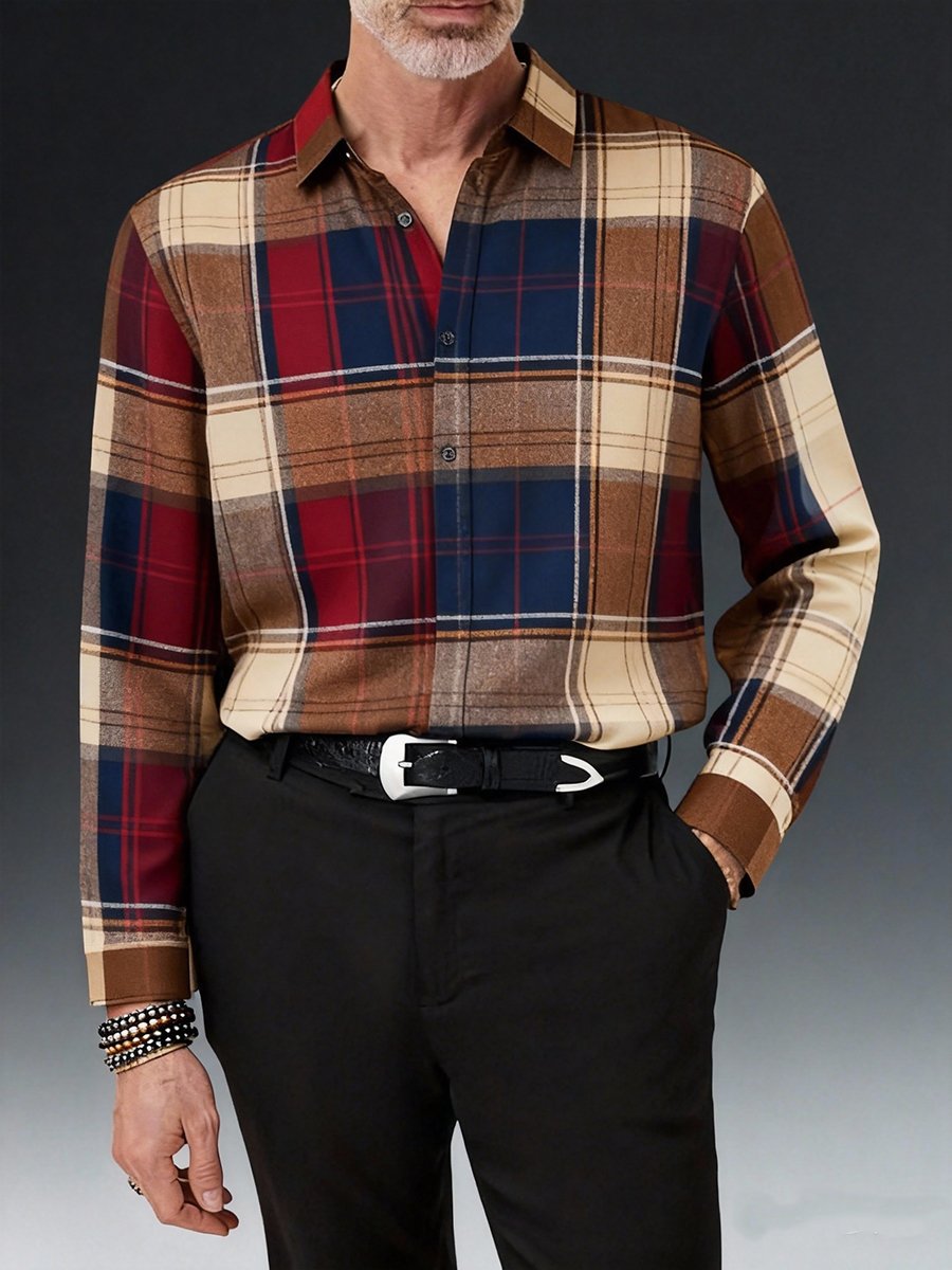Men's Artistic Plaid Print Long-Sleeve Shirt
