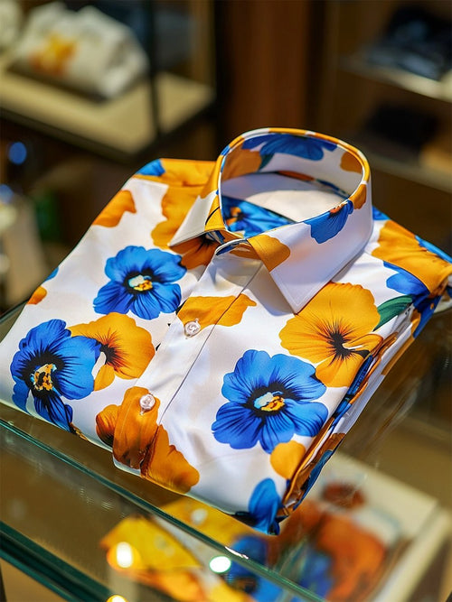 Men's Satin Luxe Hawaiian Print Short Sleeve Button Shirt