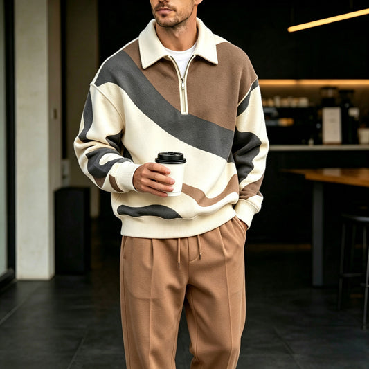 Men's Multi-Color Blocked Zipper Polo Shirt and Pants Set