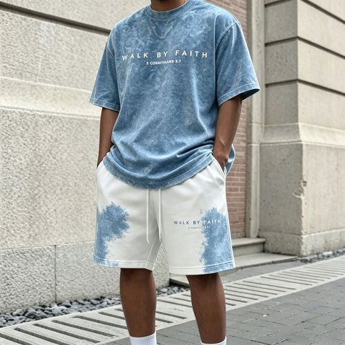 Men's Casual Letter-Printed Round-Neck Short-Sleeve T-Shirt and Shorts Two-Piece Set
