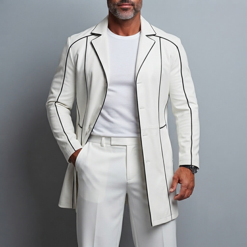 Men's White PU Leather Notched Lapel Contrast Piping Long Sleeve Mid‐Long Single Breasted Trench Coat