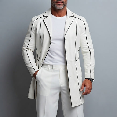 Men's White PU Leather Notched Lapel Contrast Piping Long Sleeve Mid‐Long Single Breasted Trench Coat