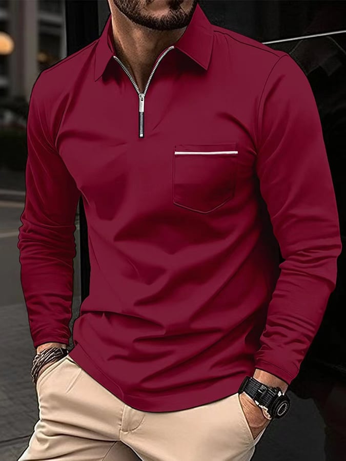Sports Casual Slim Fit Long Sleeve Half Zip Polo Shirt
