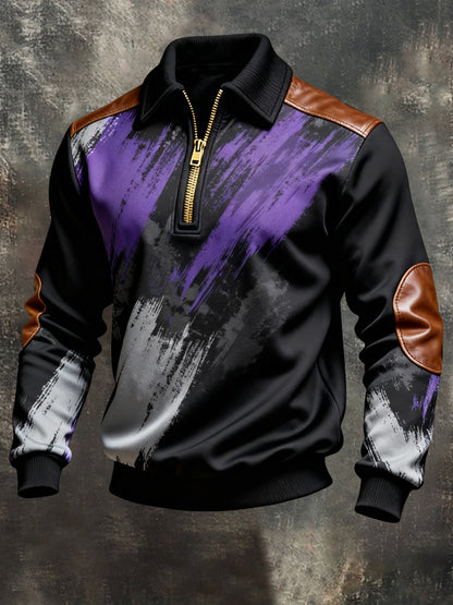 Men's Vintage Color-Block Printed Zip-Up Hoodie