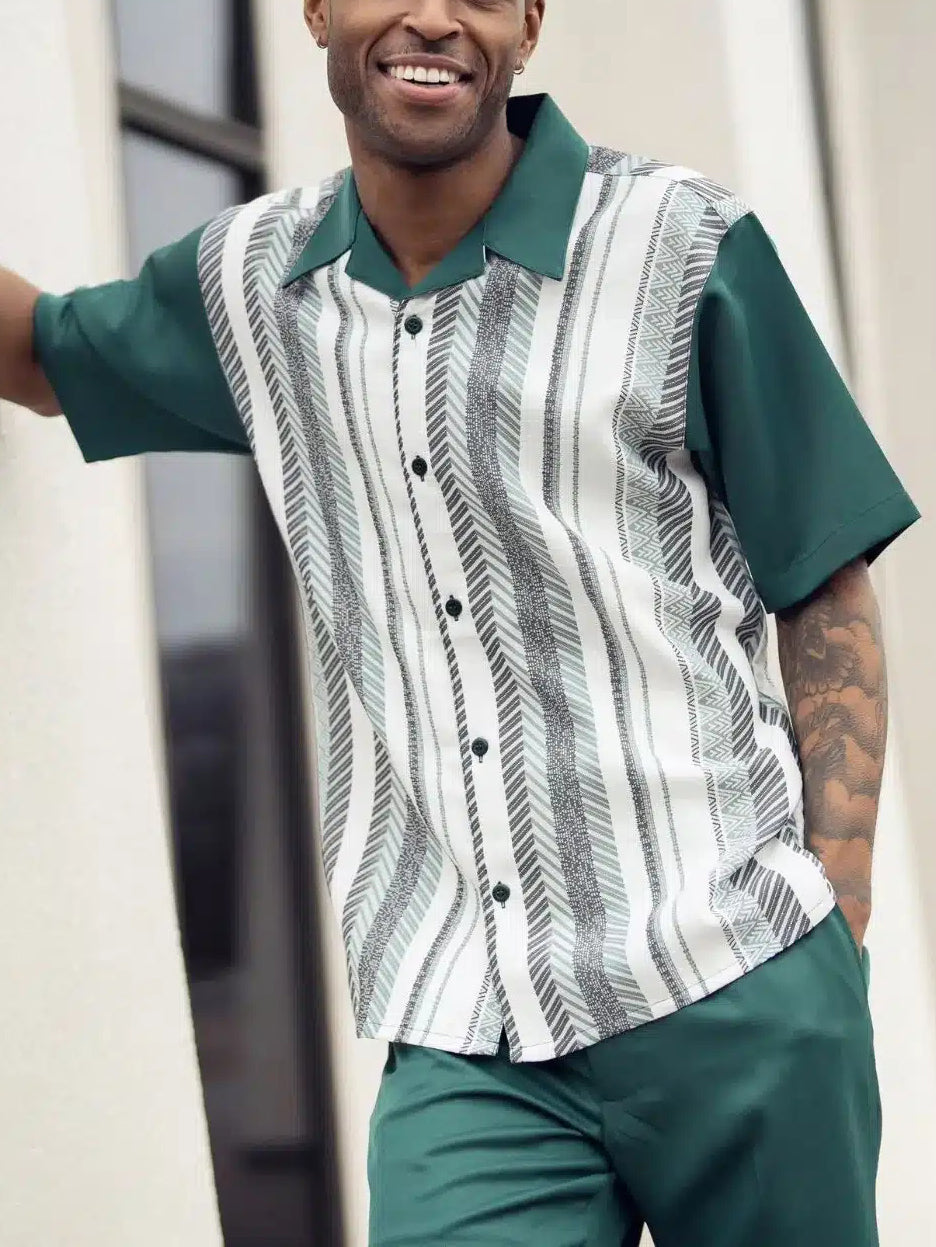 Men's Classic Bowling Shirt Contrasting Stripes Walking Suit 004